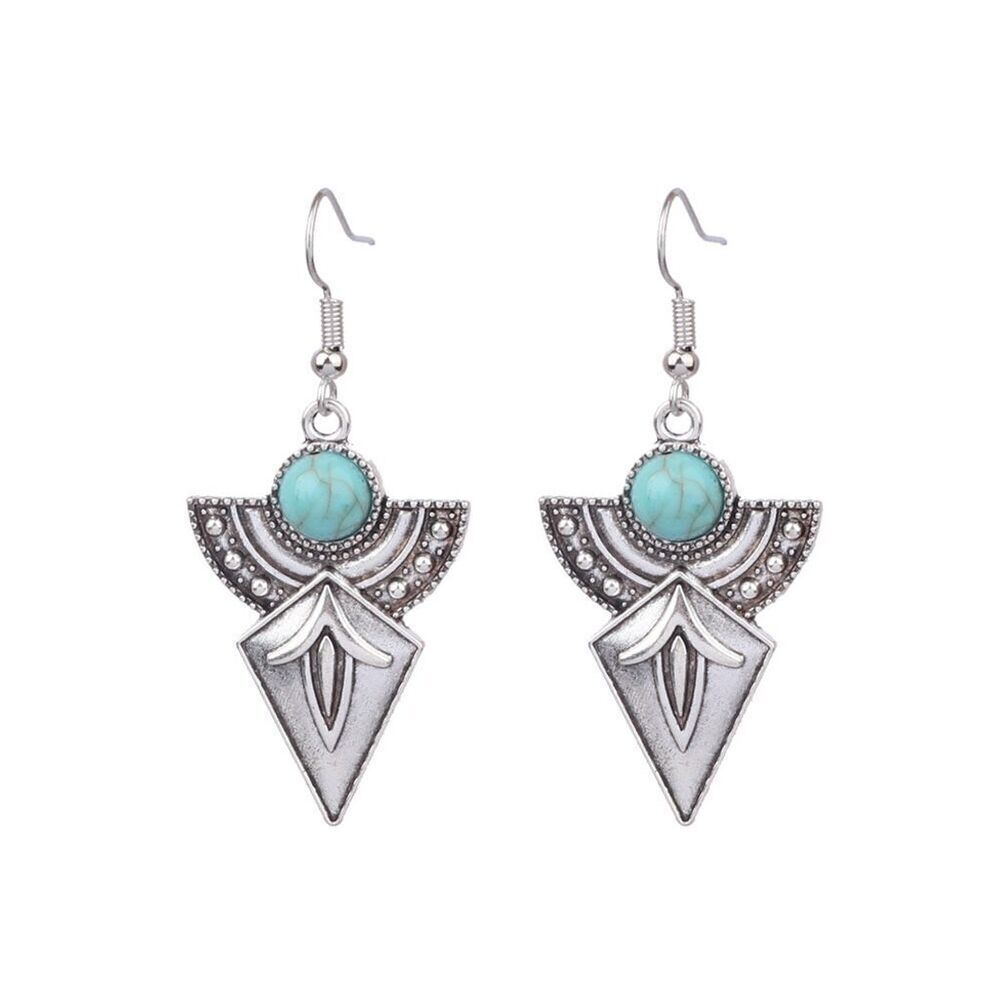 Tribal Silver Tone Dangle Earrings with Faux Turquoise Stones Bohemian Style